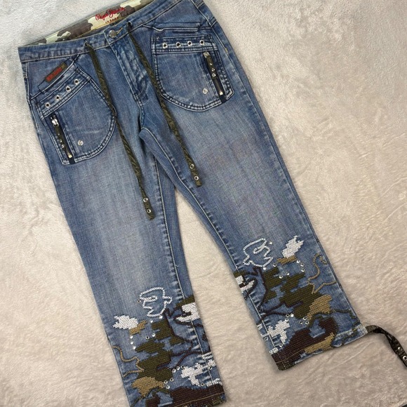 Pepe Jeans London Womens Cropped Embellished Drawstring Jeans Camo Vtg Y2K Sz 30 - Picture 1 of 15